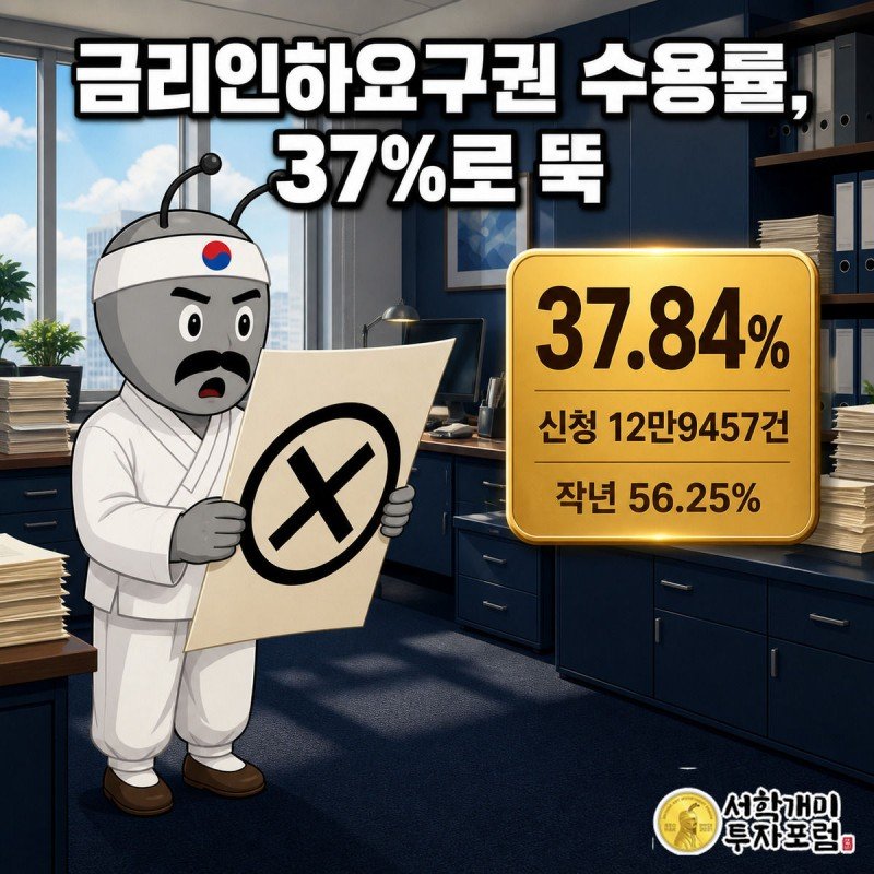 서민개미가 검정 반려 도장이 찍힌 대출 신청서를 낭패한 표정으로 들여다보는 그림, 화면 중앙 앰버색 배지에 수용률 37.84%가 크게 쓰여 있다