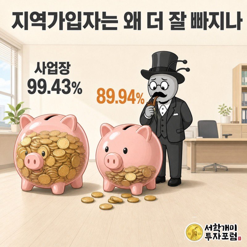 사업장가입자와 지역가입자의 국민연금 징수율 차이를 두 개의 저금통으로 비교한 인포그래픽