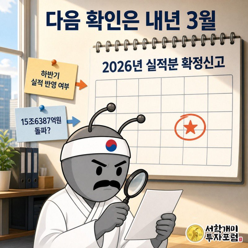 개미가 내년 3월에 동그라미 친 달력 앞에서 돋보기로 법인세 확정신고 서류를 살피는 그림