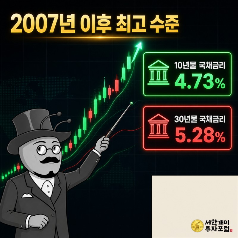 어두운 터미널 화면 앞에서 개미가 지시봉으로 급등한 미 국채 캔들차트를 가리키며 10년물 4.73%, 30년물 5.28% 수치 카드를 보여주는 커버 이미지