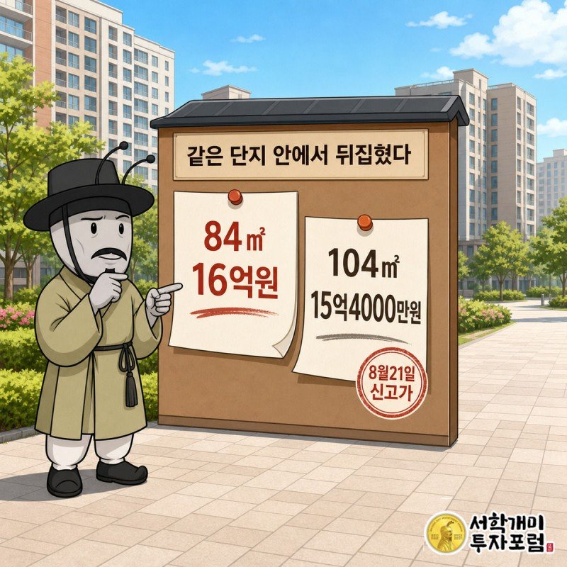 개미가 상암동 아파트 단지 게시판 앞에서 전용84제곱미터와 104제곱미터의 실거래가 시세표를 비교하는 모습
