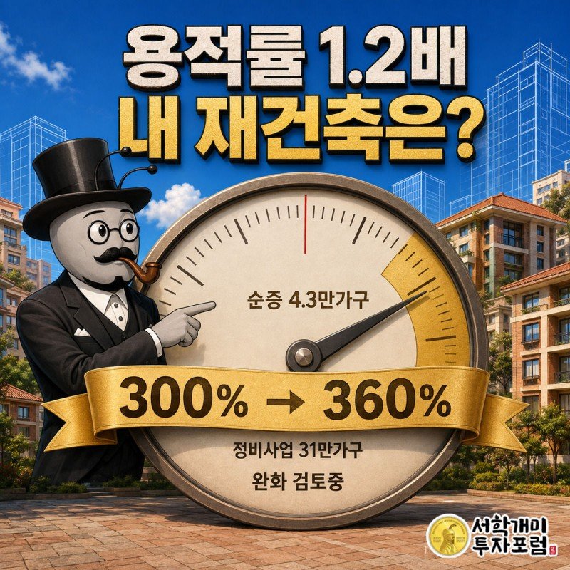 재건축 용적률 게이지 바늘이 300%에서 360%로 넘어가는 것을 서민개미가 놀란 표정으로 가리키는 그림