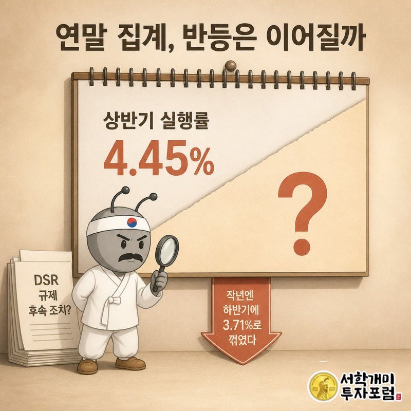 물음표가 붙은 하반기 달력 칸을 돋보기로 들여다보는 개미와 뒤편의 DSR 규제 팻말을 그린 그림