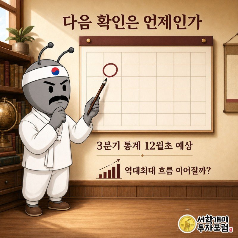 양반개미가 달력의 12월 칸을 가리키며 다음 분기 통계 발표를 신중하게 확인하는 모습