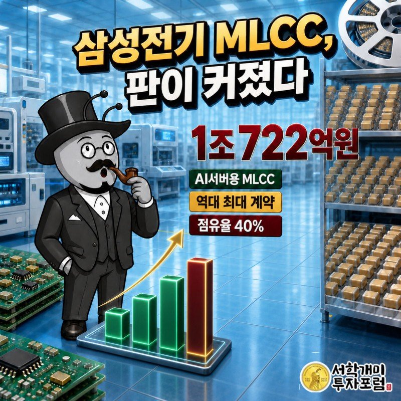 삼성전기 캐릭터가 치솟는 MLCC 계약 규모 그래프 앞에서 놀란 표정을 짓고 있다