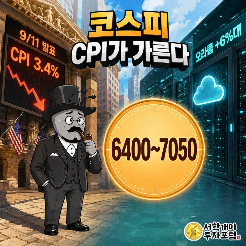 부자개미가 좌우로 갈린 CPI 물가지표 전광판과 오라클 데이터센터 사이에서 코스피 예상범위 6400~7050 위젯을 보며 긴장하는 모습
