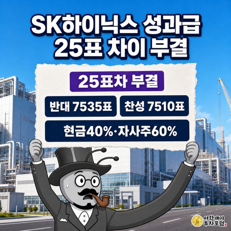 SK하이닉스 개미가 반대 50.08% 도장이 찍힌 개표 투표용지를 들고 놀란 표정을 짓고 있는 그림