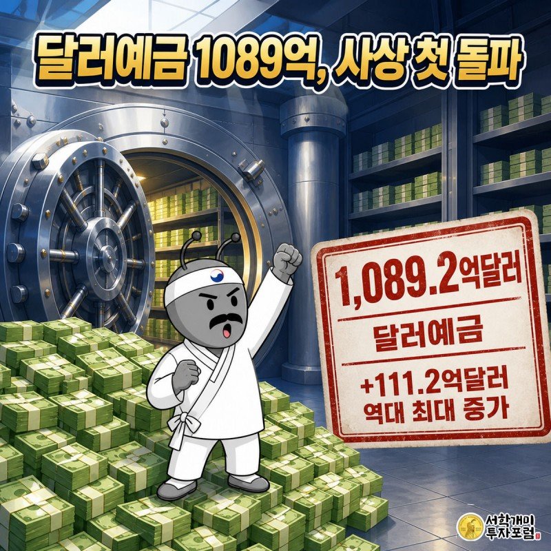 은행 금고 안에서 개미가 쌓아올린 달러 지폐더미 위에 서서 사상 첫 1천억달러 돌파를 놀란 표정으로 자랑스러워하는 그림