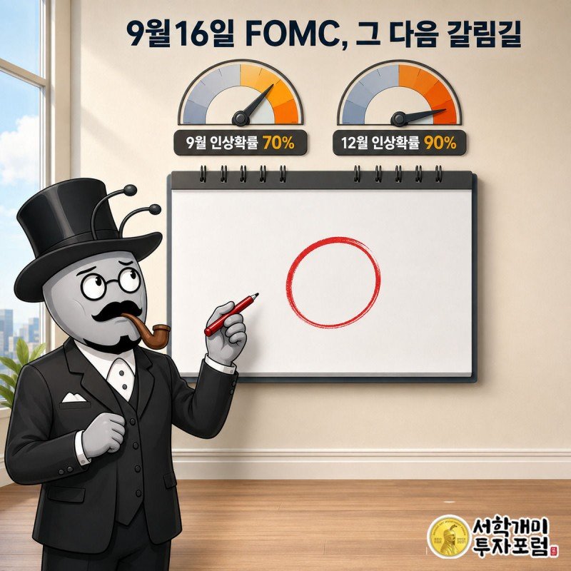 서민개미가 달력 9월16일에 동그라미를 치며 70%와 90% 인상확률 게이지를 긴장한 표정으로 바라보는 모습