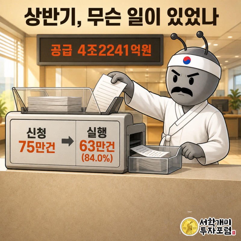 햇살론 창구에 서민개미들이 길게 줄지어 서류를 접수하고 상반기 신청 75만건과 실행 63만건 수치가 표시된 인포그래픽