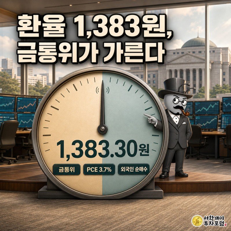 계기판 바늘이 금리 인상과 동결 구간 경계에서 떨리고 개미가 의심스러운 표정으로 바늘을 가리키며 환율 1,383.30원 수치를 확인하는 일러스트