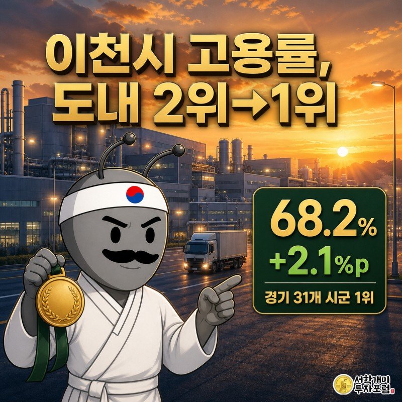 이천시 산업단지를 배경으로 안전모를 쓴 개미가 금색 1위 메달을 들고 활짝 웃으며 68.2% 고용률 수치를 가리키는 그림