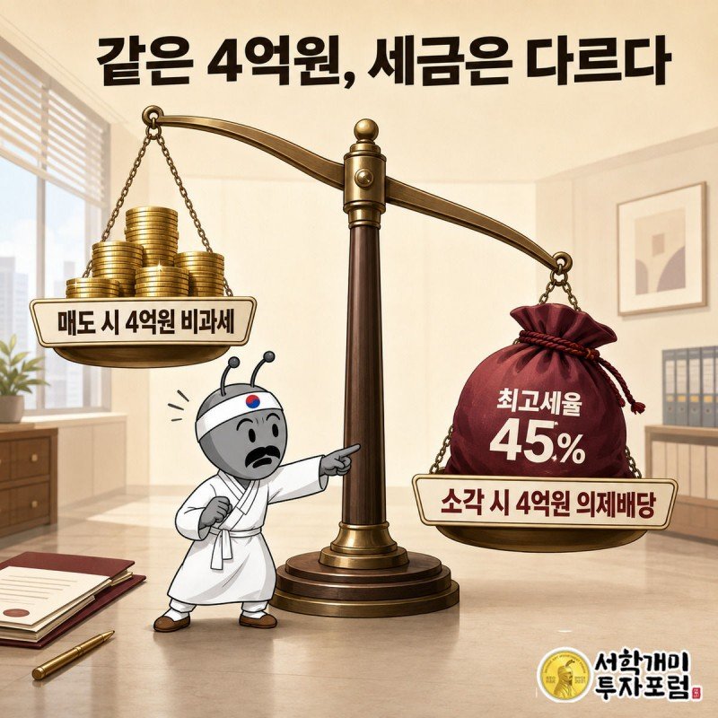 저울이 의제배당 세금 자루 쪽으로 기울어 매도와 소각의 세금 차이를 보여주는 모습