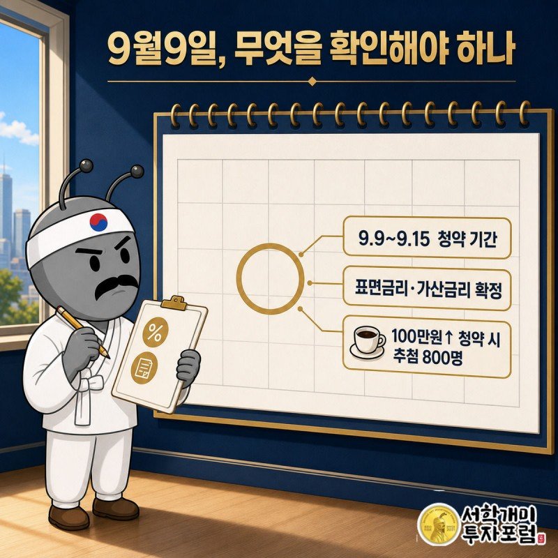 서민개미가 벽걸이 달력의 9월9일 칸에 동그라미를 치며 체크리스트를 든 채 결의에 찬 표정을 짓는 모습