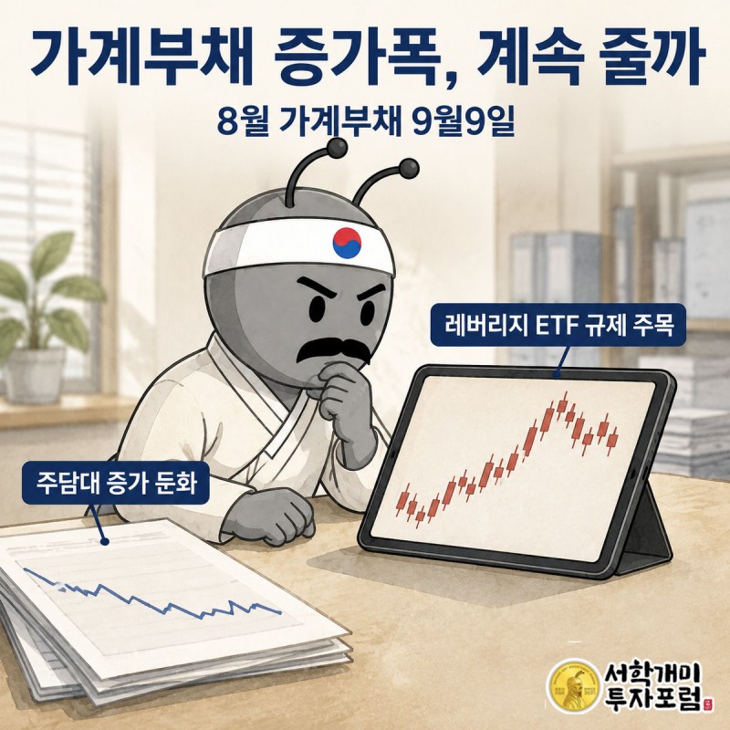 완만해진 대출 그래프 명세서 옆에서 레버리지 ETF 차트를 의심스럽게 들여다보는 부자개미
