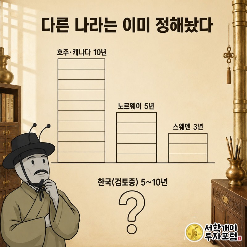 국가별 거주요건 연수를 막대그래프로 비교하며 태극기 막대만 물음표로 남은 모습을 양반개미가 바라보는 모습