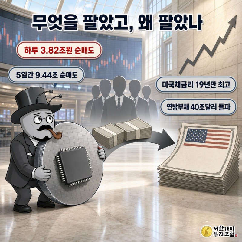 외국인 투자자들이 반도체 웨이퍼에서 돈을 뽑아 미국 국채 쪽으로 옮기고 개미가 웨이퍼를 지키려는 모습
