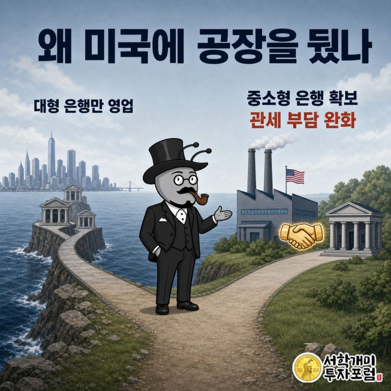 왼쪽 서울 사무실에서 미국 중소형 은행에 손이 닿지 않는 개미와 오른쪽 뉴저지 공장에서 중소형 은행과 악수하는 개미를 비교한 그림