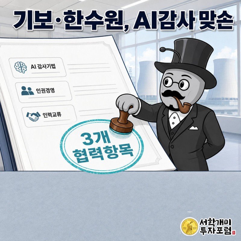 양반개미가 대형 협약서에 청록빛 도장을 찍고 있고 배경에 원자력발전소 냉각탑이 옅게 비친다