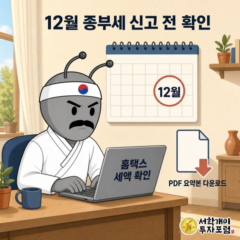 부자개미가 12월이 표시된 달력 아래에서 노트북으로 종합부동산세 신고 내용을 확인하는 모습