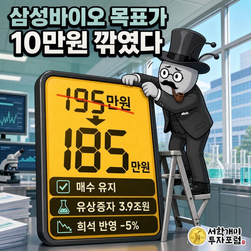 서민개미가 사다리 위에서 삼성바이오로직스 목표주가 표지판을 195만원에서 185만원으로 낮추며 낭패한 표정을 짓는 그림