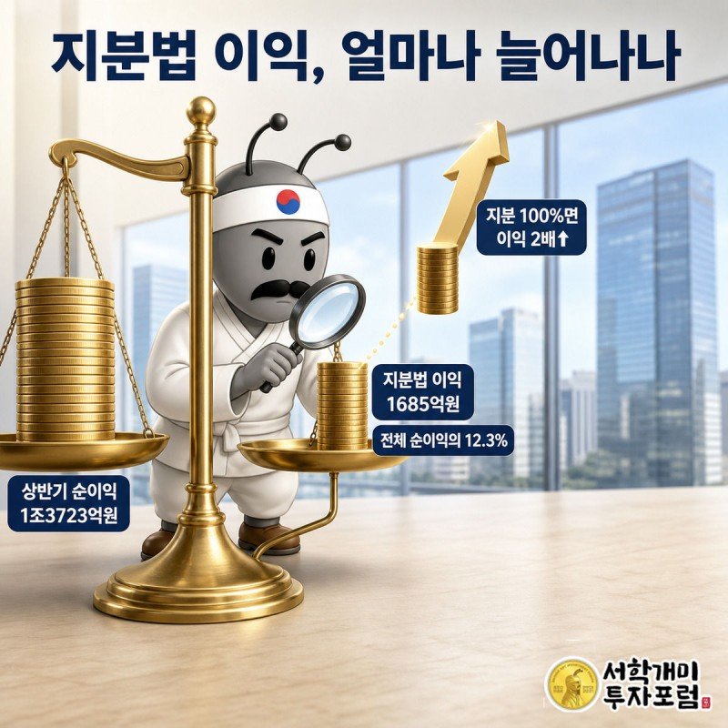 부자개미가 저울 위 지분법 이익 동전 더미를 돋보기로 살피며 지분 100%면 이익이 두 배로 늘어나는 것을 확인하는 장면