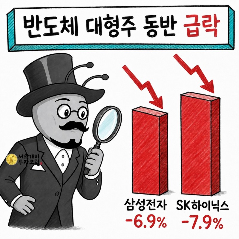 삼성전자 6.9%와 SK하이닉스 7.9% 하락 폭을 비교하는 서학개미 기자