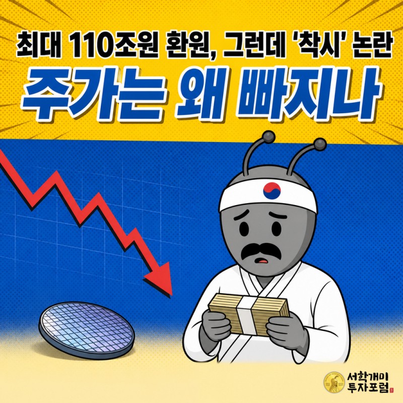 돈다발을 들고도 당황한 표정의 개미 캐릭터 옆으로 주가가 급락하는 차트가 그려진 팝아트 코믹 커버