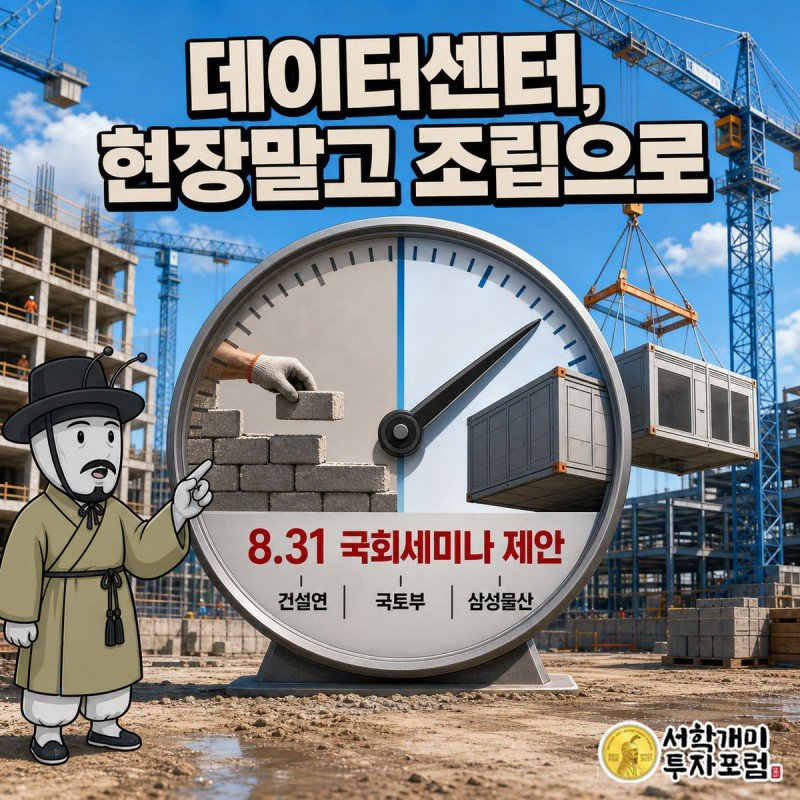 큰 속도 게이지 앞에서 개미가 바늘이 현장시공에서 OSC 조립 쪽으로 넘어가는 것을 놀란 표정으로 가리키는 삽화