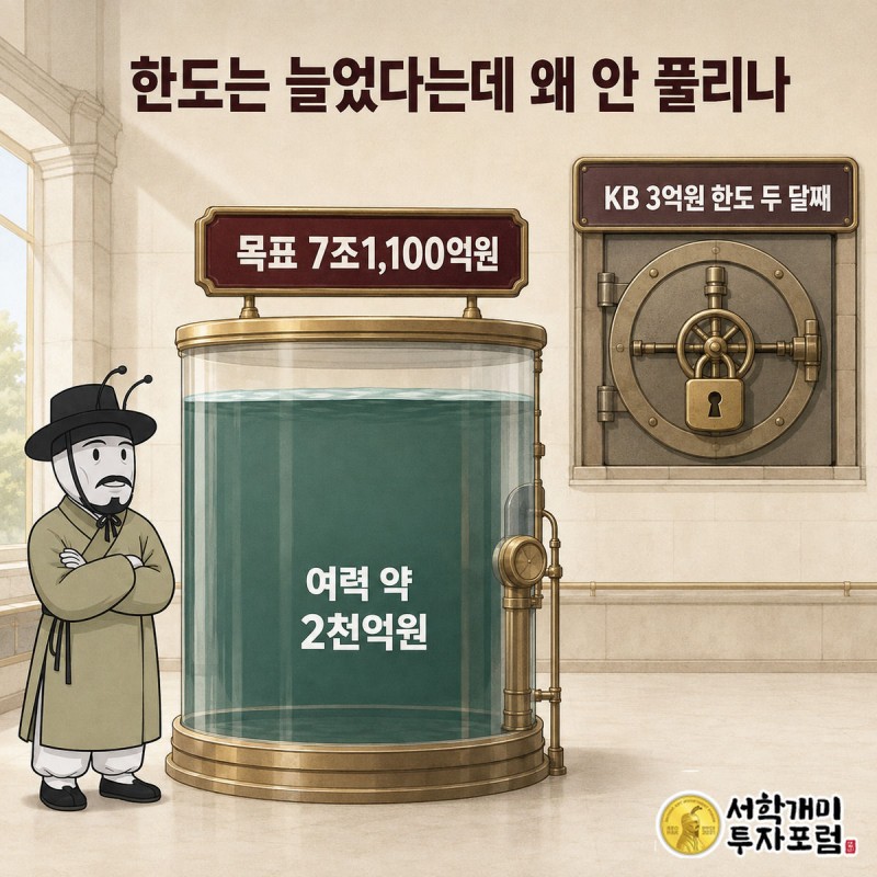 가계대출 여력이 거의 꽉 찬 물탱크와 자물쇠 채워진 KB국민은행 3억원 한도 문 앞에서 낭패한 표정을 짓는 개미 그림