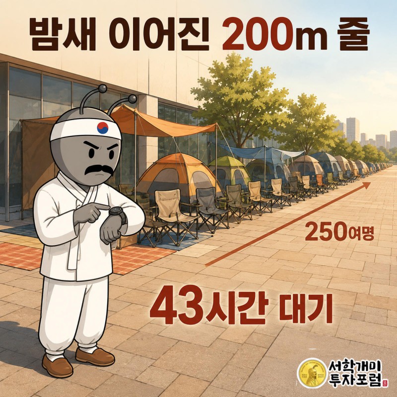 대구 상인푸르지오 분양사무소 앞 200m 대기줄과 손목시계로 43시간을 가리키는 서민개미