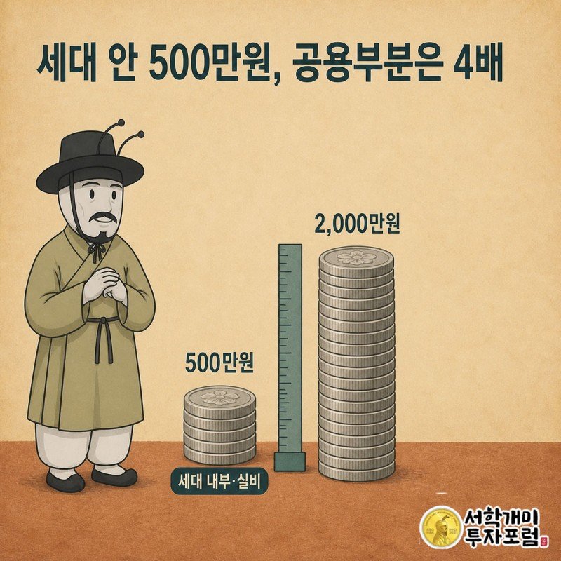 세대 내부 수선비 500만원과 공용부분 유지보수비 2천만원을 동전탑 높이 차이로 비교한 인포그래픽