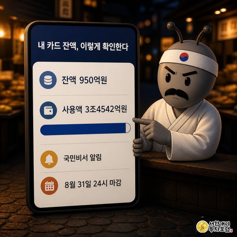 개미가 스마트폰 카드 앱 화면 속 사용률 게이지 바와 국민비서 마감 알림을 손가락으로 가리키며 놀란 표정을 짓고 있다