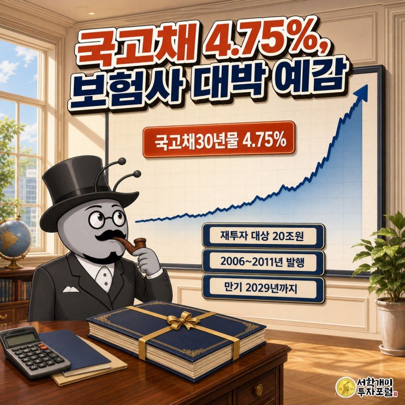 네이비 정장을 입은 개미가 지난해 2%대에서 올해 4.75%까지 급등한 국고채 금리 그래프를 놀라움과 회심의 미소로 올려다보는 모습