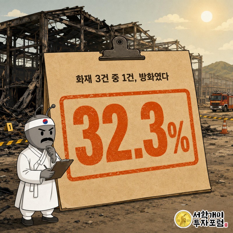 불탄 건물을 배경으로 부자개미가 서류에 방화 도장을 찍으며 32.3%라는 수치를 강조하는 장면