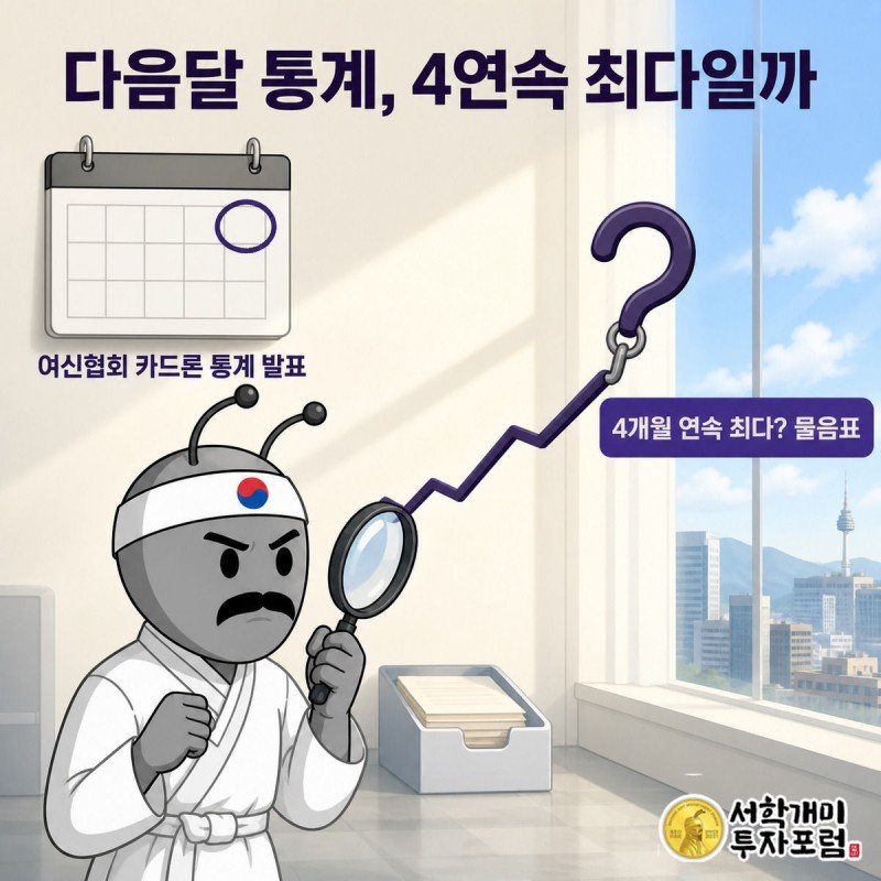 개미가 달력의 다음 달 칸에 돋보기를 대고 물음표가 붙은 채 이어지는 상승 그래프 끝을 신중한 표정으로 확인하는 그림