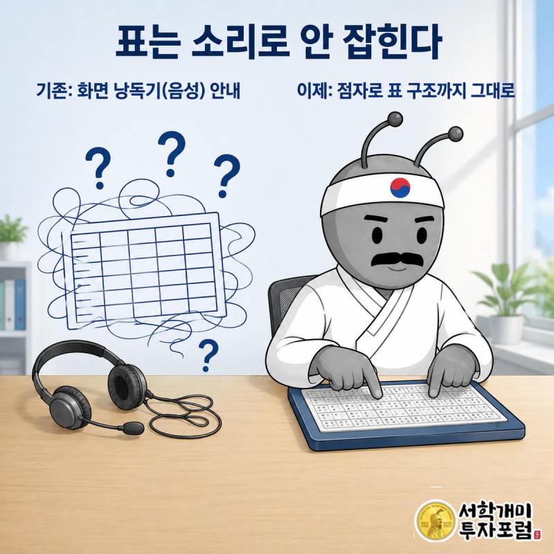 왼쪽은 물음표로 뒤엉킨 표와 버려진 헤드셋, 오른쪽은 개미가 점자표를 손끝으로 짚으며 안도하는 모습