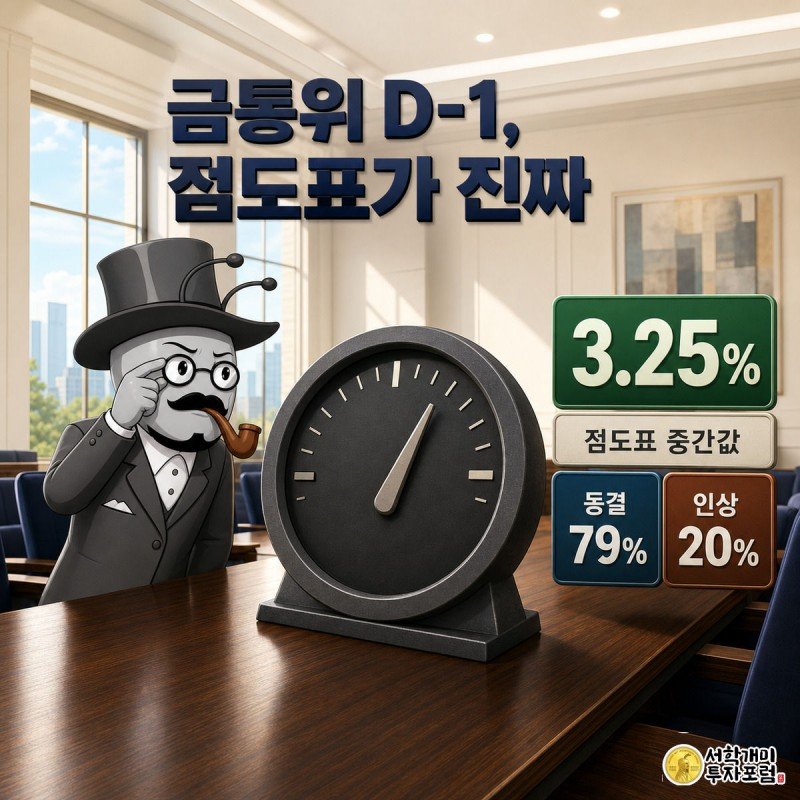 한국은행 금통위 회의실을 배경으로 개미가 대형 게이지 바늘이 3.00%와 3.25% 사이를 가리키는 것을 긴장한 표정으로 바라보는 그림