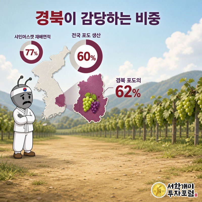 한반도 지도 위 경북 지역이 포도송이로 가득 채워진 비교 다이어그램, 전국 대비 경북의 포도 생산·재배 비중을 보여주는 장면