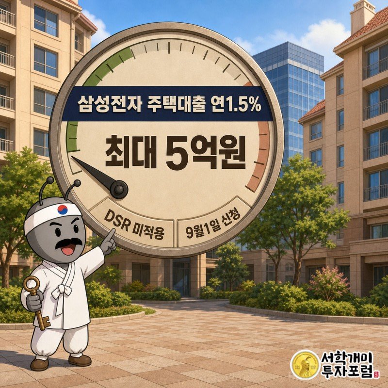 삼성전자 사옥과 아파트 단지를 배경으로 서민개미가 금리 게이지의 1.5% 눈금을 가리키며 놀라는 모습