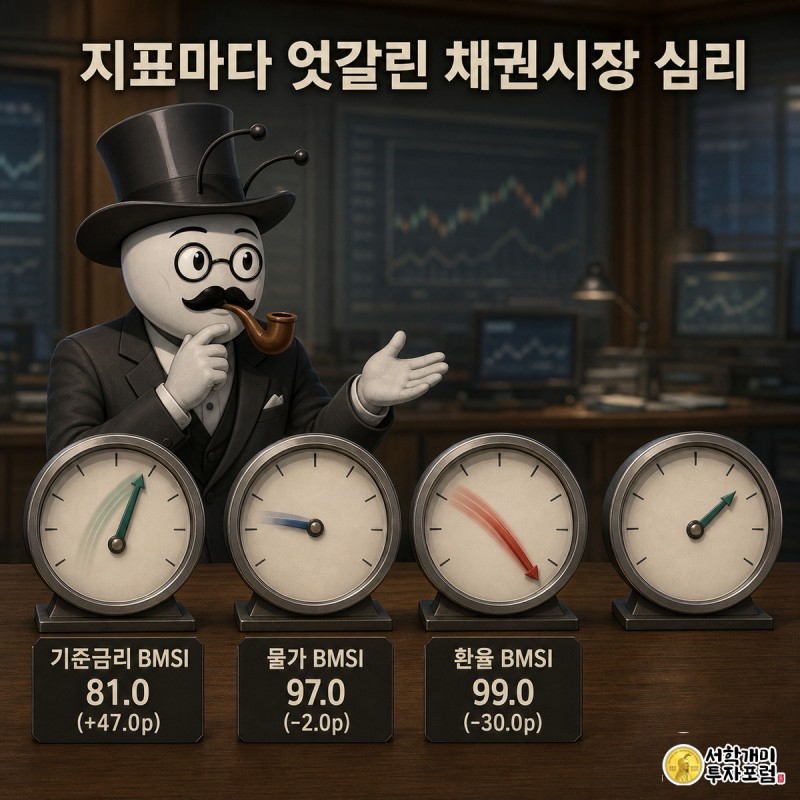 개미가 네 개의 BMSI 계기판을 번갈아 보며 기준금리 지표는 급등하고 환율 지표는 급락한 모습에 고개를 갸웃하는 모습