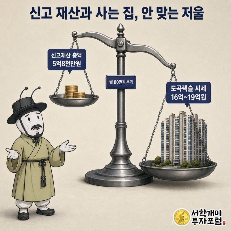 신고 재산 5억8천만원과 도곡렉슬 아파트 시세 16억~19억원을 양팔저울로 비교해 저울이 크게 기운 그림.