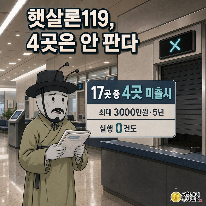 은행 창구 직원 개미가 팔로 X자를 그리며 거절하고, 서류를 든 자영업자 개미가 낭패한 표정으로 서 있는 장면, 오른쪽 아래 데이터 카드에 17곳 중 4곳 미출시라는 수치가 적혀 있다