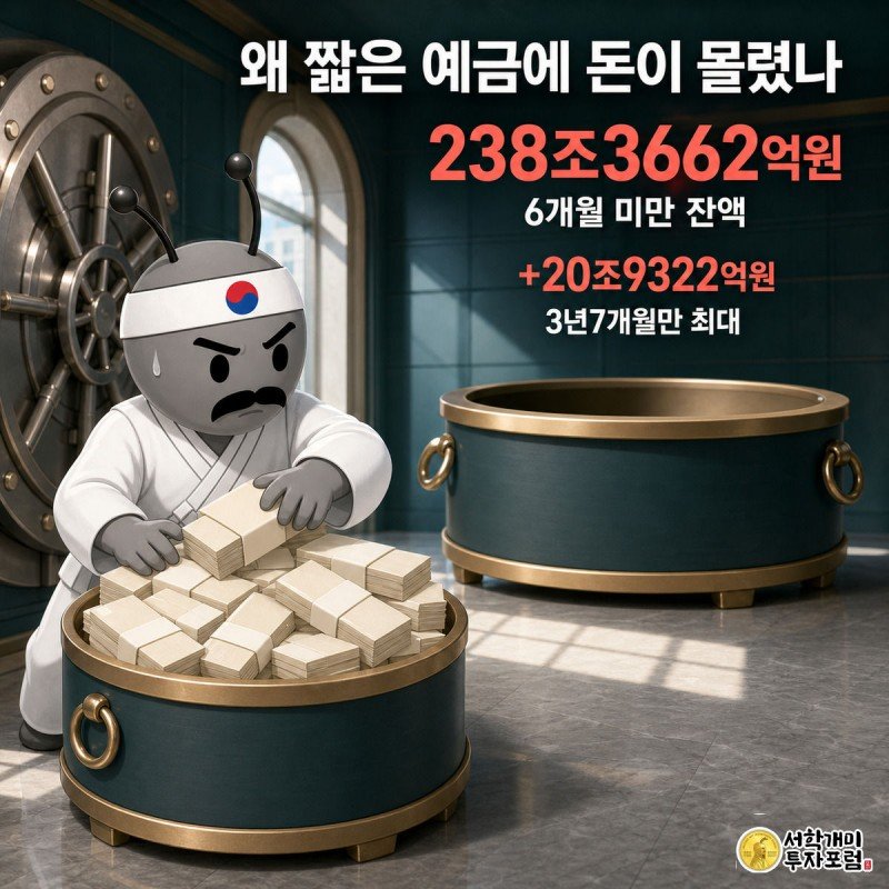 개미가 6개월 만기 저금함에 돈다발을 채워넣는 동안 뒤쪽 3년 만기 저금함은 텅 비어 있는 장면