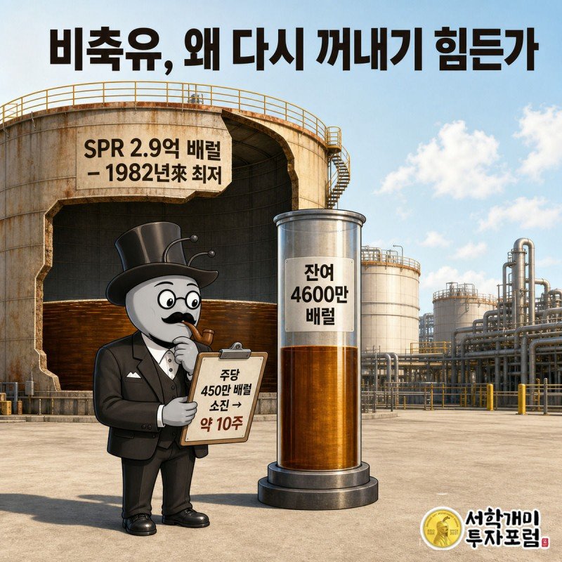 거대한 전략비축유 탱크의 낮은 유량 눈금과 10주 소진 계산판을 확인하는 개미