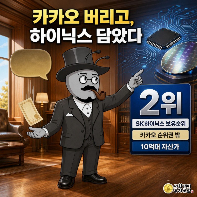 왼쪽에서 카카오 증서를 떨어뜨리며 낙담하는 개미와 오른쪽에서 빛나는 SK하이닉스 반도체 칩을 향해 다가서는 개미를 대비시킨 커버 이미지