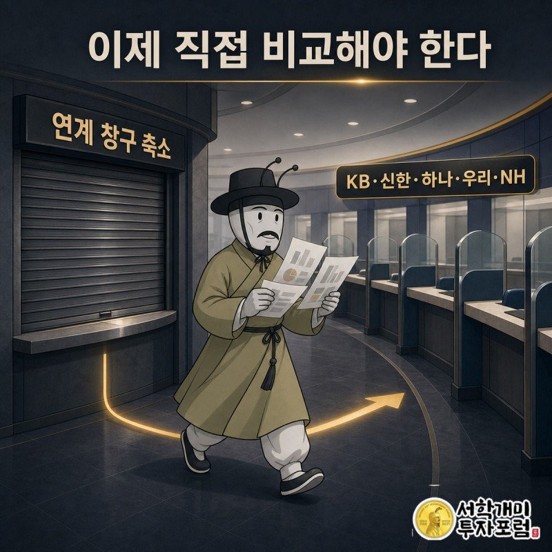 부동산 연계 대출창구는 닫히고 소비자가 여러 은행 창구를 직접 뛰어다니며 조건을 비교하는 모습을 그린 이미지