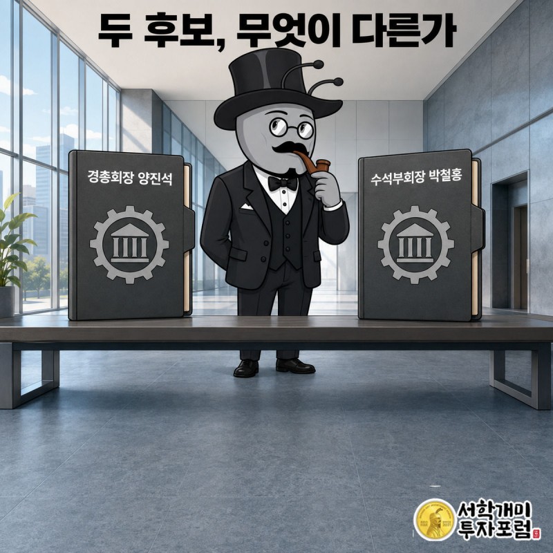 경총회장과 상의 수석부회장 두 후보 개미가 마주 서 있는 비교 장면