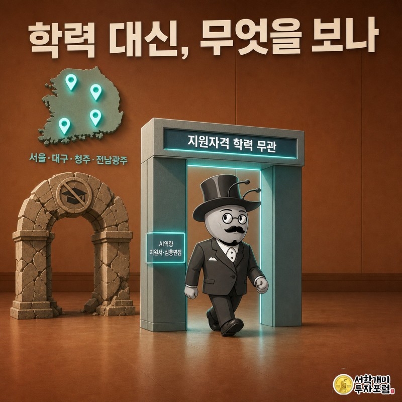낡은 학력 팻말이 무너지고 재학생과 고졸 취업자 개미들이 새로운 직무역량 중심 채용 게이트를 통과하는 모습