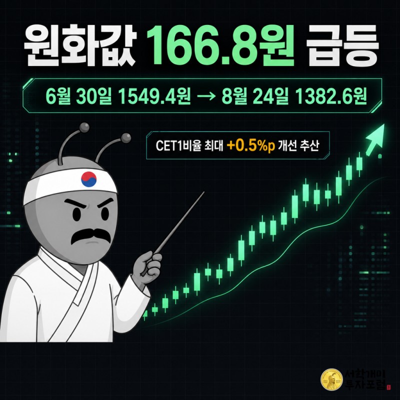 다크 마켓 터미널 배경에서 개미가 지시봉으로 급등하는 캔들차트를 가리키며 원화값 166.8원 상승과 CET1비율 0.5%포인트 개선 추산치를 발광 카드로 보여주는 커버 이미지